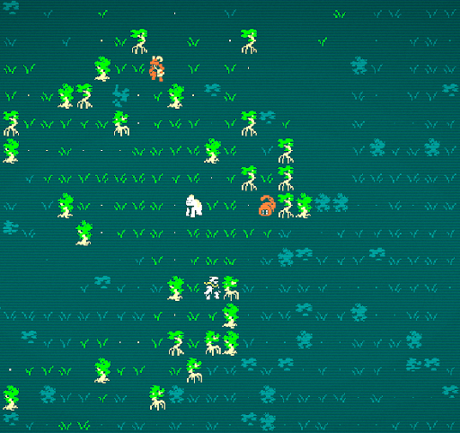 Player Nomad in the Jungles with an Albino ape 2 tiles north, a Bloated Leech 2 tiles northeast, and a Goatfolk Sower 8 tiles north