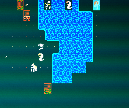 Player Nomad in river of Waterlogged Tunnels with a Knollworm to the east and an Eyeless Crab, Knollworm and Albino Ape to the south