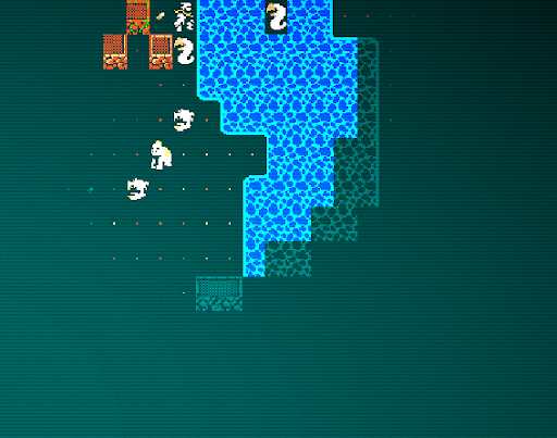 Player Nomad next to the river of Waterlogged Tunnels with a Knollworm to the east, two Eyeless Crabs and an Albino Ape to the south and one Knollworm in melee to the south
