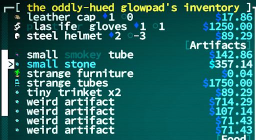 The oddly-hued glowpad's inventory screen, hovering on a "small stone" artifact costing $357.14 drams