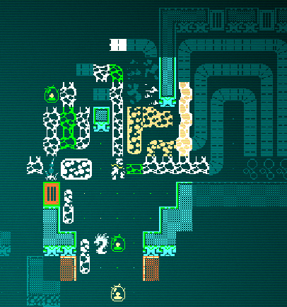 Player Nomad on solid ground next to the Golgotha conveyor belts with two Green Gels, a Brown Gel and a Quillipede nearby