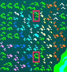 A world map view of the Rainbow Wood with the nearest two parsangs to center from the north and south outlined in red